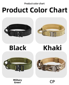 Detail view of heavy-duty nylon tactical dog collars with metal buckles in four colors