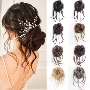 Messy bun hair piece collection with multiple color options and model showcase