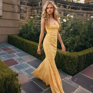 Jacquard Meerjungfrau Maxikleid Sexy Rückenfrei Schnürung Spaghetti Träger Schlanke Passform Elegante Abendparty Langes Kleid
