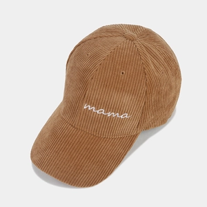 Brown corduroy baseball cap for women with white mama embroidery on a curved brim