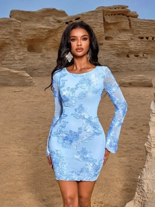 Light blue mesh bodycon dress with floral embroidery and sequins against a desert backdrop