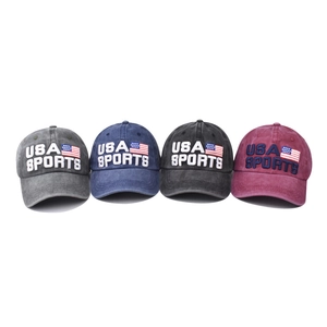 Cotton washed USA SPORTS baseball caps in grey, navy, black and red colors