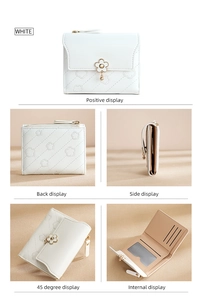 Detailed views of white PU leather short wallet featuring floral embossing and gold pendant