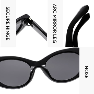 Detail view of reinforced metal hinges and curved temples on fashion sunglasses