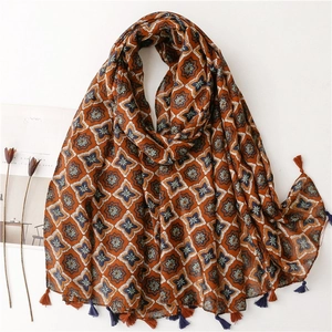 Bohemian Floral Geometric Print Scarf Lightweight Polyester Voile Shawl Wrap With Tassel Fringe For Women Sweet Vintage