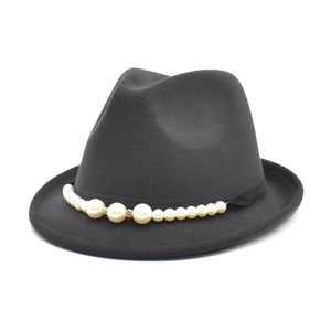 Elegant dark grey wool felt fedora hat featuring a white faux pearl and rhinestone band