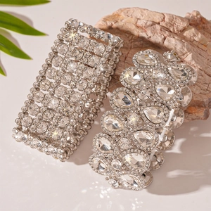 Luxury silver geometric wide stretch bracelets with pear-shaped rhinestones and crystals