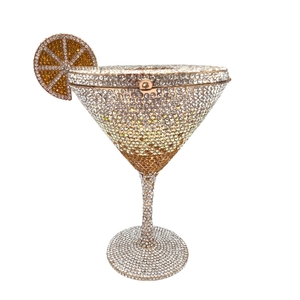 Detail of crystal martini cocktail clutch bag with yellow gradient rhinestones and lemon slice