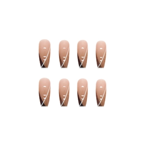 Long coffin press-on nails with khaki gradient lines and French geometric design