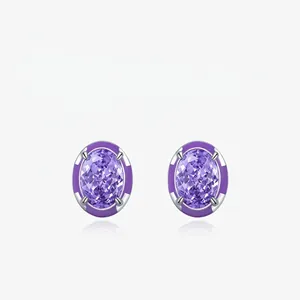 Elegant Lavender Purple Oval Cubic Zirconia Stud Earrings With 925 Sterling Silver Earring Post And Purple Enamel Border
