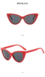 Front and side view of red cat-eye sunglasses with black lenses in a glossy plastic finish