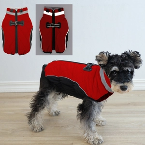 Macro shot of red quilted dog vest featuring reflective strips and back zipper detail