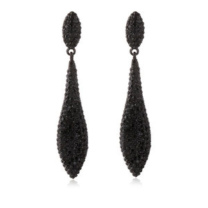 Luxurious drop earrings with black micro-pave crystals on white background with reflections