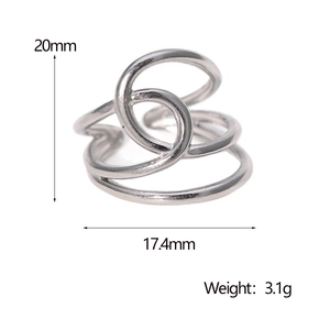 Detailed size chart showing silver hollow geometric ring dimensions 20mm height and 17.4mm width
