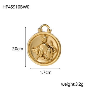 Detail of 18K gold Taurus zodiac charm with dimensions 2.0x1.7cm and weight 3.2g
