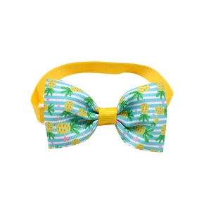 Detail of yellow pet bowtie collar featuring pineapple pattern and blue stripes
