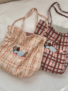 Vintage checkered canvas tote bag with 3D towel embroidery cartoon dog and nice text