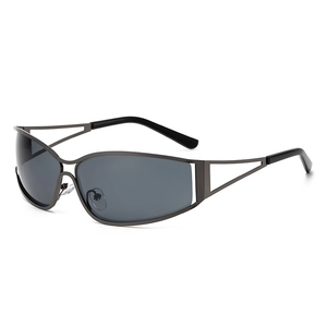 Modern Y2K gunmetal sunglasses with hollowed-out frames and grey UV lenses