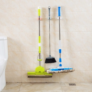 Wall-mounted mop and broom holder set for bathroom storage in pink, grey and white