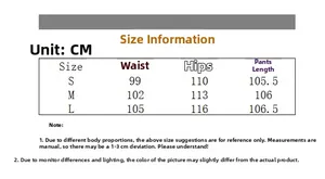 Detailed size chart for leopard print satin cargo pants with measurements in centimeters