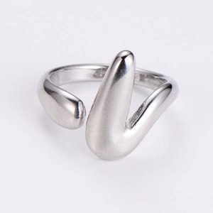 Detailed view of polished silver V-shaped stainless steel ring with minimalist open design