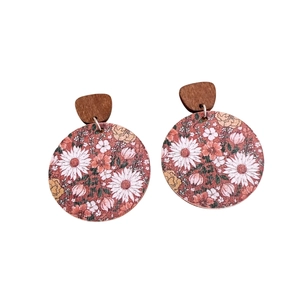 Floral print wood circular drop earrings with silver needle in vintage pastoral style