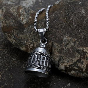 Stainless steel biker guardian bell necklace with LIVE TO RIDE engraving on a rugged stone