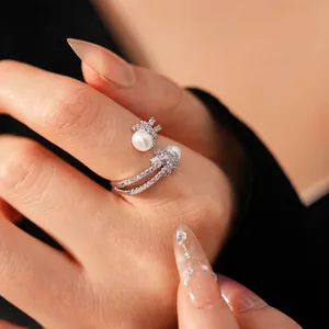 Luxury knotted open ring with dual pearls and pave zircon in a vintage French style