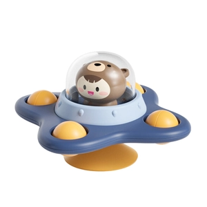 Rotating UFO suction cup baby toy with cute bear character and blue spinning body