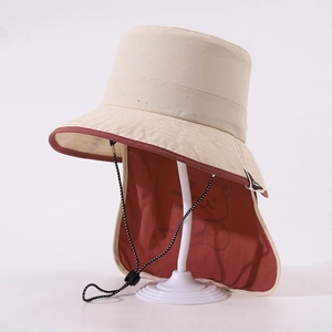 Kids beige sun bucket hat with cartoon bear neck flap and adjustable chin strap