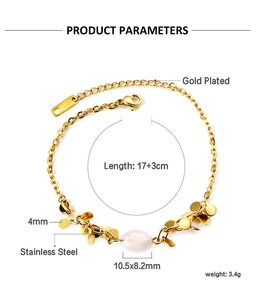 Detail showing gold plated stainless steel beads and pink gemstone with dimensions