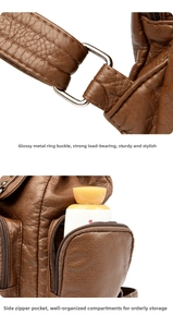 Detail of dark brown leather backpack showing silver hardware and side zipper pocket