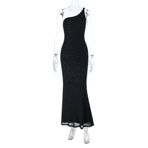 Detailed view of the sparkling black sequin fabric and one-shoulder slim-fit design