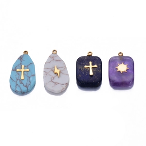 Natural stone pendants with sun cross motifs in turquoise, white and purple steel