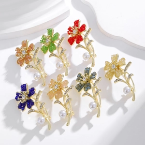 Elegant floral metal brooches with pearls and rhinestones in various vibrant colors