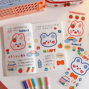 Cute Rabbit and Strawberry PVC stickers set for journal decoration with soft pastel colors