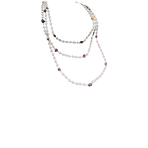Three-layer pearl and purple amethyst beaded necklace with vintage French royal elegance