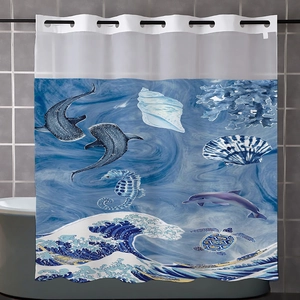 Detail of marine shower curtain featuring dolphins and sea turtles with metal grommets