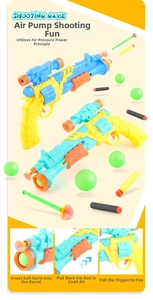 Dettaglio della pistola giocattolo ad aria con palline di schiuma e dardi a ventosa