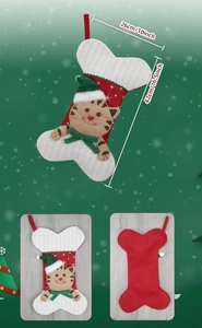 Detailed size view of red bone-shaped Christmas stocking with cat pattern and dimensions