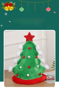 Detail of green plush Christmas tree hat with colorful pom-poms and red star top
