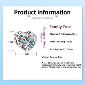 Detailed specs of S925 sterling silver heart-shaped family tree charm with colored gems