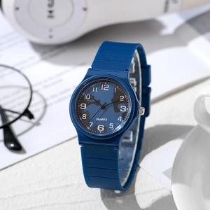 Minimalist quartz children watch featuring a blue camouflage dial and durable silicone strap