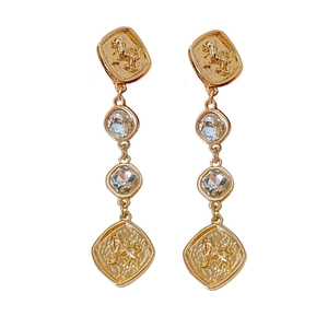Vintage lion head tassel drop earrings with crystals in gold finish for women