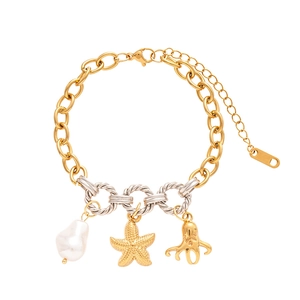 Marine style stainless steel bracelet with baroque pearl, starfish and octopus charms
