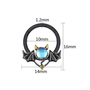 Black devil wing and tail nose ring with blue gem and 1.2mm gauge size markings