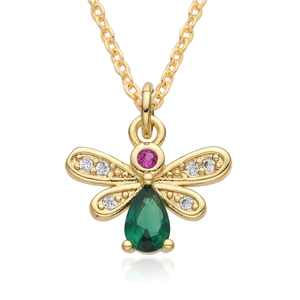 Golden necklace with a colorful dragonfly pendant featuring green and pink zircon stones