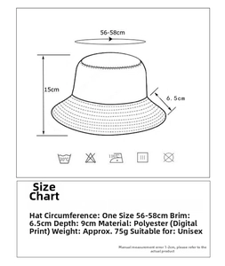 Detailed size chart for cow print bucket hat with dimensions and washing instructions