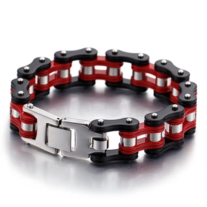 Industrial steel motorcycle chain bracelet for men featuring red and black color contrast