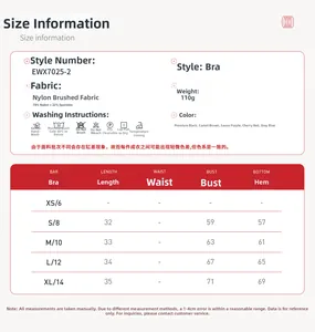 Guide des tailles détaillé et composition du tissu pour le soutien-gorge de sport yoga